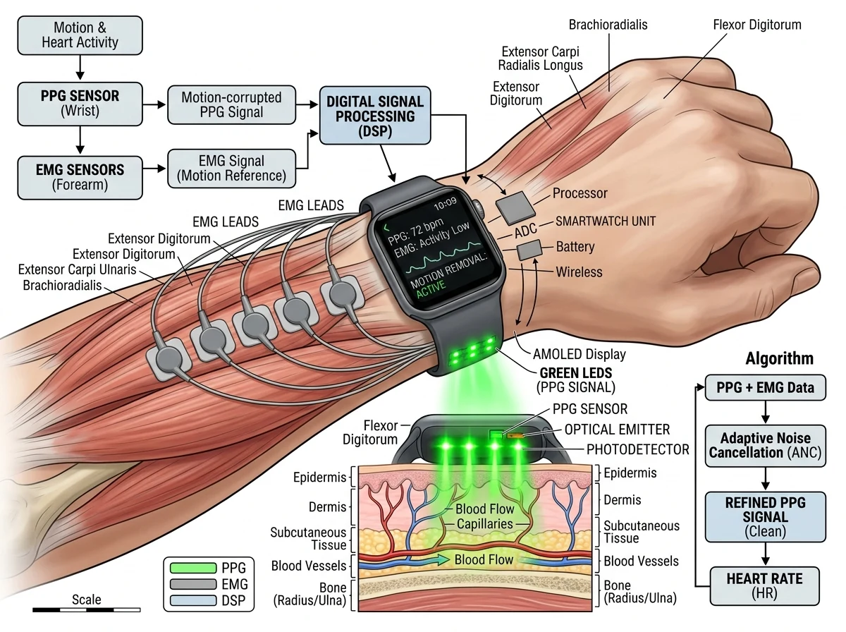 Wrist EMG and PPG Smartwatch Sensor Fusion Diagram